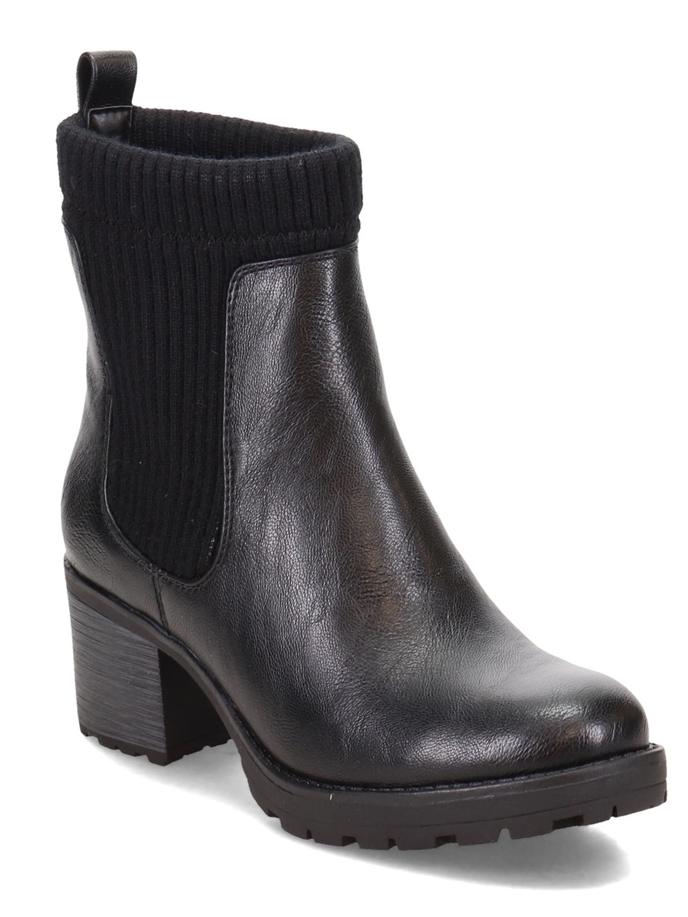 White Mountain Black Leather Rib-Knit Chelsea Ankle Boot